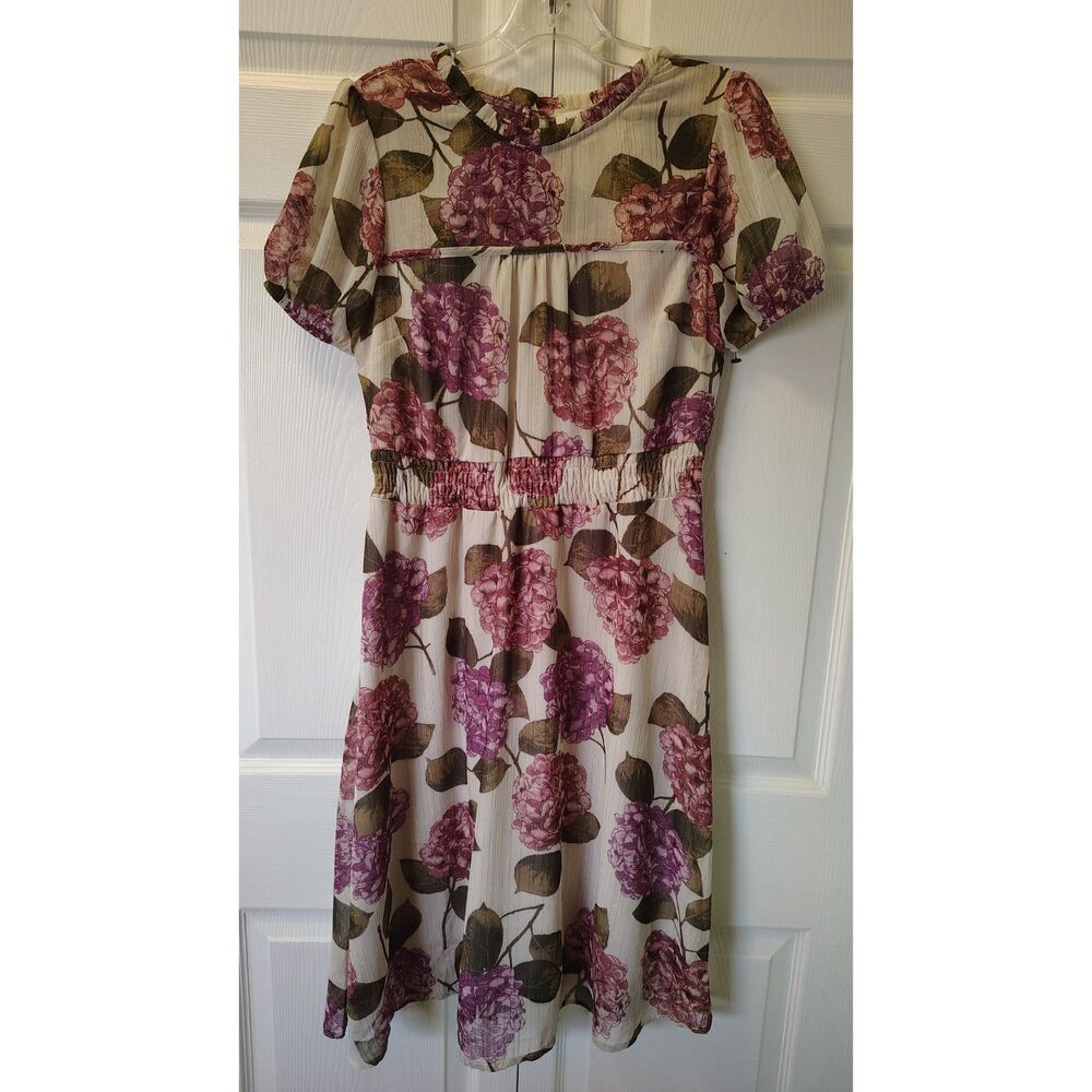 Faith & Joy Hydrangea Floral Midi Dress Chiffon Smocked Waist Cottagecore Small